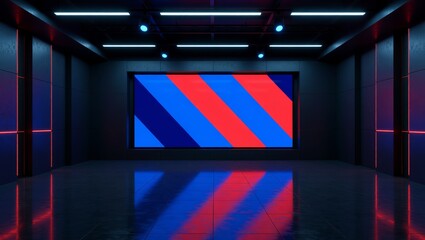 Neonlit room with red blue striped screen