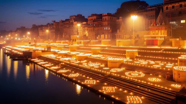 Ganga Aarti Night Ceremony With Candles Along Riverside Steps And Temple Illumination In Old City
