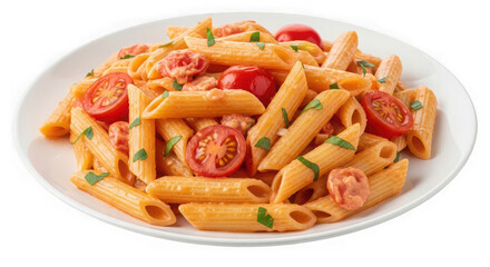 Plate of penne pasta with tomato sauce and basil on a white plate isolated on a transparent background
