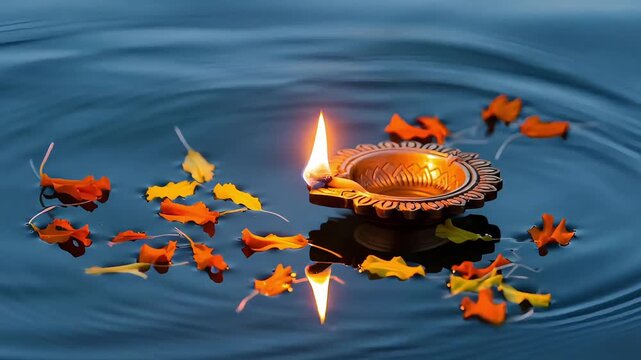 Floating Diya Lamp On Calm Water With Autumn Leaves For Dev Diwali