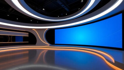 Modern broadcast studio with curved lighting and blue screen
