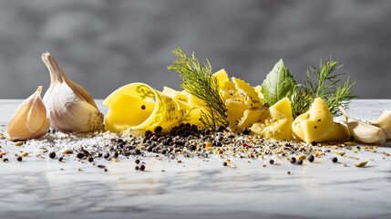 A deconstructed pasta on marble, minimal layout with raw ingredients