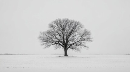 Majestic solitary tree standing in a snowy field under a cloudy winter sky, capturing the beauty of nature's tranquility and solitude in black and white.