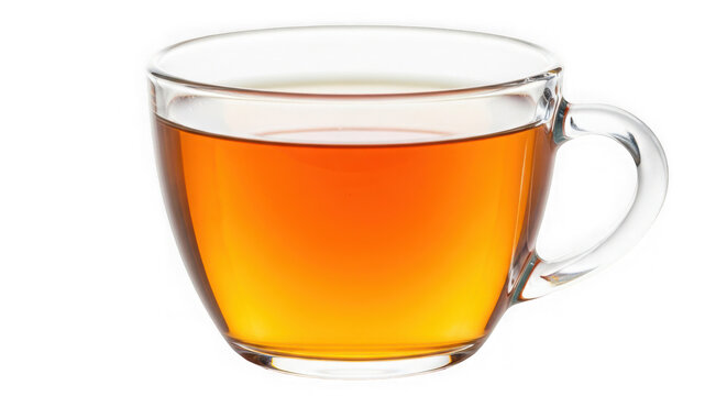 A clear glass cup filled with amber liquid on a black background