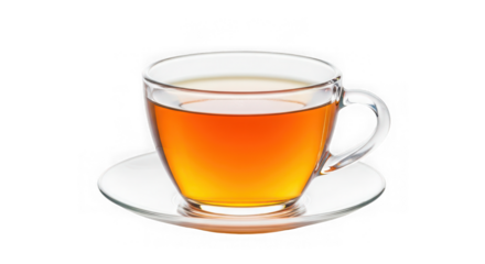 A clear glass cup of tea on a white saucer against a transparent background