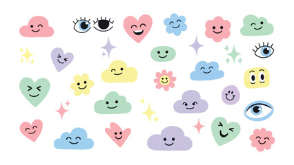 Playful Icons: A vibrant assortment of cute and whimsical icons, featuring smiling clouds, hearts, stars and eyes, perfect for adding a touch of joy and creativity to any project.