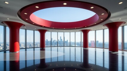 Modern interior with red columns and city skyline view