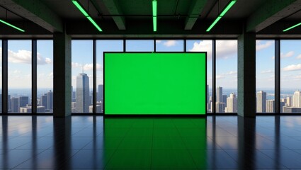 Green screen in modern office with city skyline