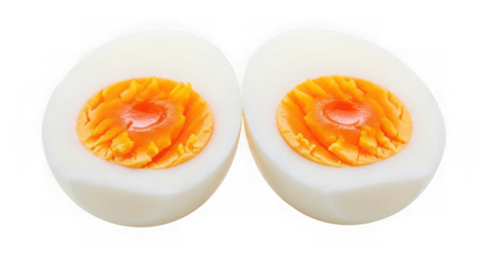 Two halves of a hard-boiled egg with a bright orange yolk center isolated on a transparent background