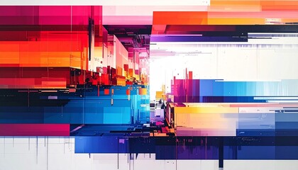 Symmetrical abstract artwork with layered colorful rectangles and glowing center on dark background.