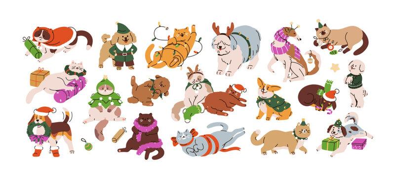 Christmas pets set. Cute funny cats and dogs in festive Xmas costumes with gift box, bauble, ribbon, garland, clothing. Winter holiday animals. Flat vector illustrations isolated on white background.