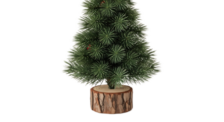 A small artificial christmas tree with a wood base on a black and white background isolated