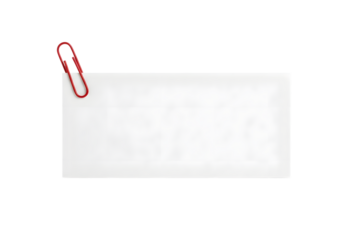 Red paperclip holding a white rectangular note on a transparent background isolated on a transparent background