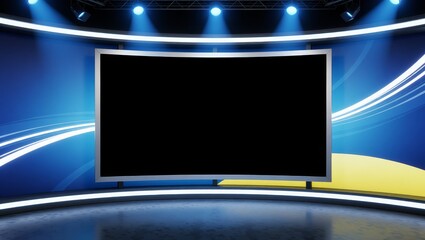 Modern news studio set with large screen and stage lighting