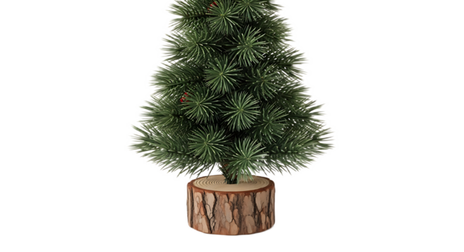 A small artificial christmas tree with a wood base on a black and white background isolated