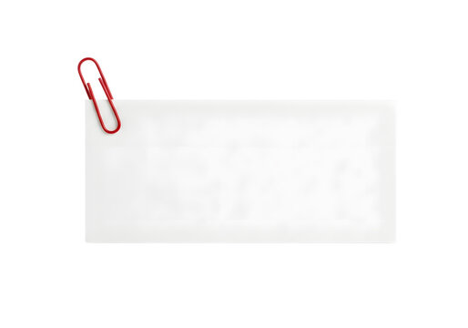 Red paperclip holding a white rectangular note on a transparent background isolated on a transparent background