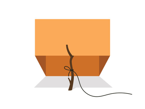 Simple trap box with stick and rope, animal trap
