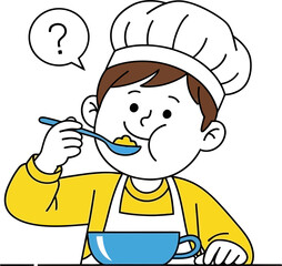 Cartoon child chef tasting food with a spoon and a question mark bubble, evaluating the flavor.