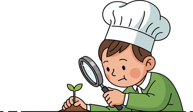 Chef meticulously examining a tiny sprout with a magnifying glass, symbolizing growth and culinary exploration
