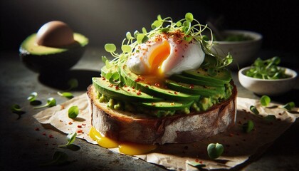 Enjoy a vibrant avocado toast with a poached egg and microgreens, a healthy and delicious brunch option perfect for a modern lifestyle