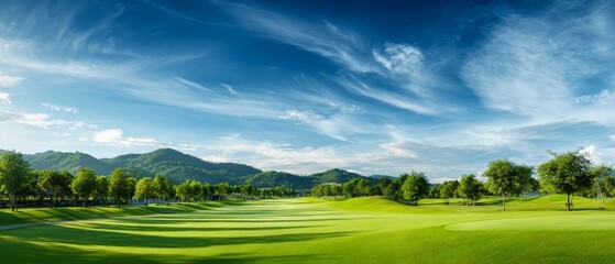 Golf course with green field and mountain view under blue sky