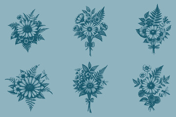 beautiful hand drawn flower bouquet vector. delicate flowers and foliage with vintage-style drawing. Vintage botanical illustration. Eps 10
