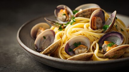 A linguine with clams, minimalist composition, cool-toned lighting