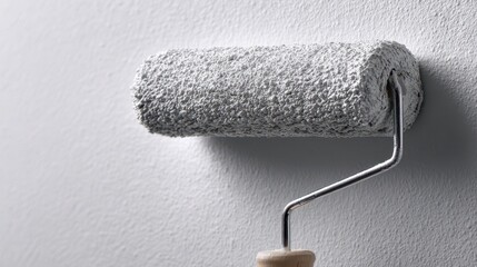 Fototapeta premium Close-up of a gray paint roller applying a fresh coat to a white interior wall