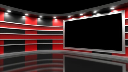 Modern studio with large screen and red black walls