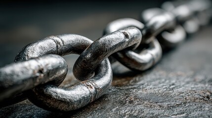 Close-up of a heavy steel chain with interlocking links on a textured metal surface