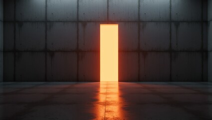 Concrete room with glowing rectangular opening and wet floor reflection