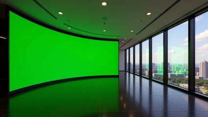 Curved green screen in modern office with city view