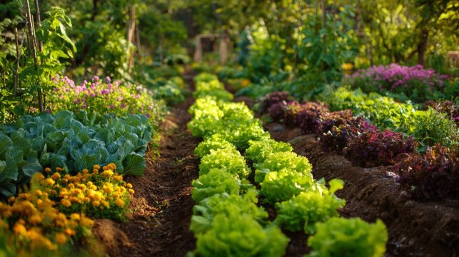 Organic vegetable garden sunlight lettuce cabbage marigold flowers natural eco farming agriculture - Powered by Adobe