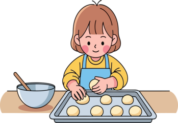 Cute little girl in an apron happily preparing cookie dough on a baking sheet in the kitchen, a fun home activity