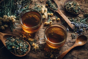 Two glass cups of herbal tea with dried flowers and leaves on wooden table natural organic drink concept
