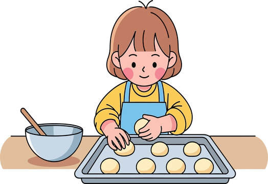 Cute little girl in an apron happily preparing cookie dough on a baking sheet in the kitchen, a fun home activity