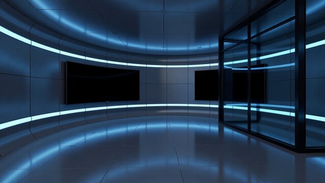 Futuristic curved room with blue LED lighting and screens