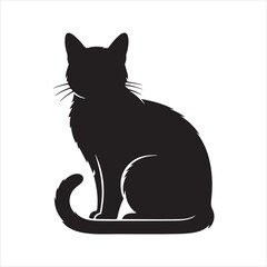 Fototapeta premium Black Cat Silhouette Vector – Furry Sitting Cat Illustration on White Background
