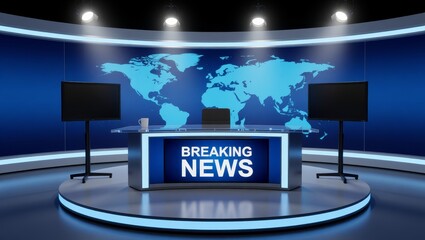 Breaking news studio with world map backdrop