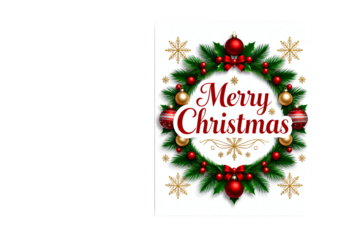 Festive Merry Christmas Wreath Invitation Design Featuring Ornaments and Snowflakes, Perfect for Holiday Greetings and Seasonal Celebrations
