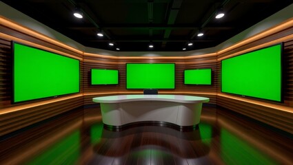 News studio with green screens and curved desk