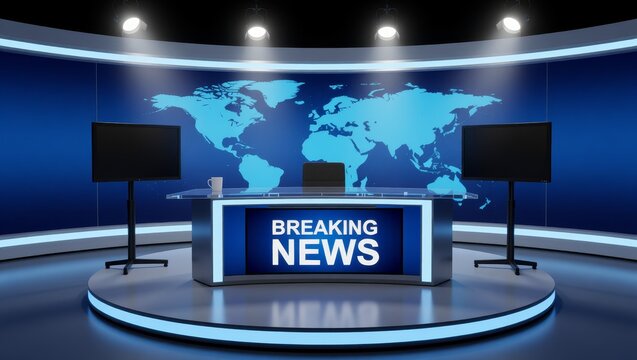 Breaking news studio with world map backdrop
