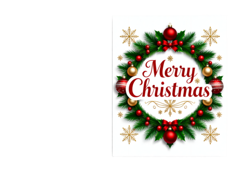 Festive Merry Christmas Wreath Invitation Design Featuring Ornaments and Snowflakes, Perfect for Holiday Greetings and Seasonal Celebrations