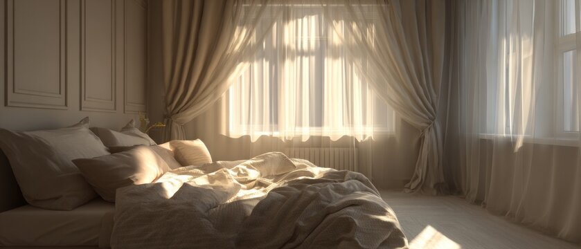 Soft morning light in cozy beige bedroom with elegant curtains and warm bedding