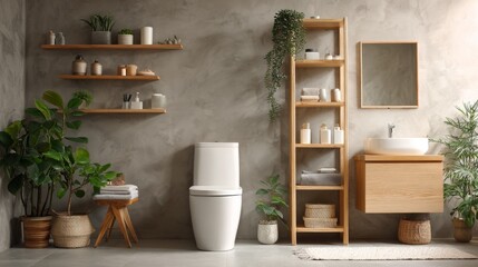 Modern natural bathroom with wooden shelves, indoor plants, and minimalist decor