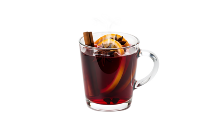 A glass mug filled with mulled wine garnished with orange slices and cinnamon sticks on black background