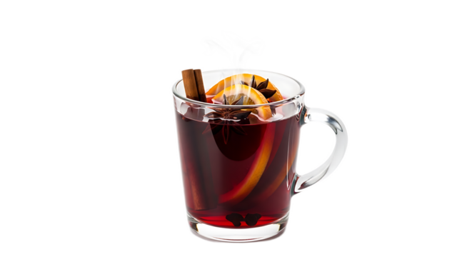 A glass mug filled with mulled wine garnished with orange slices and cinnamon sticks on black background