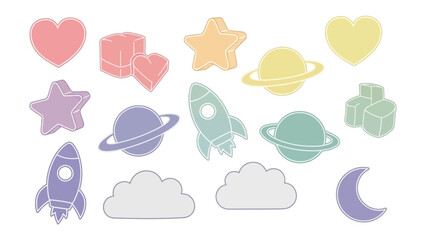 Cosmic Whimsy: A captivating illustration of celestial bodies, rockets, hearts, and clouds in a playful, pastel palette, evoking a sense of wonder and childlike imagination.