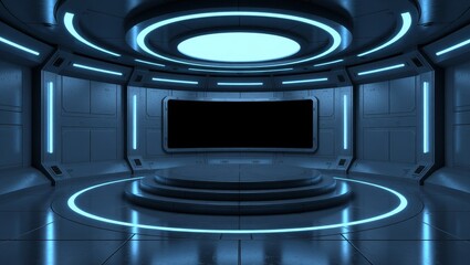 Futuristic control room with blue neon lighting