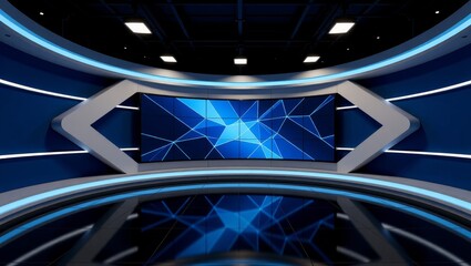 Modern curved studio with geometric blue screen display